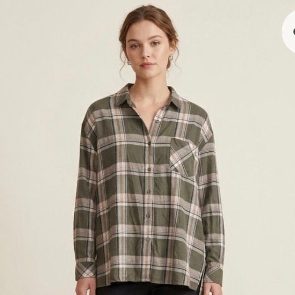 J jill flannel mossy green button up long sleeve so soft large size